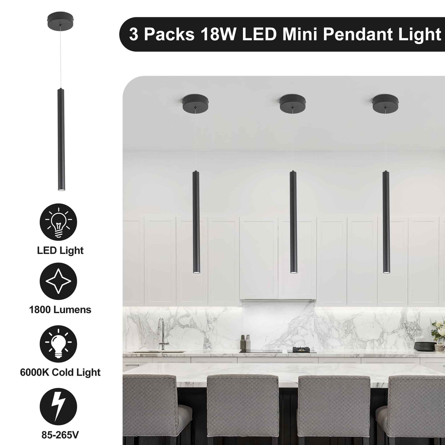 SUNMOO 3 Light Mini Pendant Lighting Modern Pendant Light, LED Modern Pendant Light Fixtures Mini Ceiling Hanging Lights for Kitchen Island Dining Room Bar Living Room 6000K 3-Pack Black