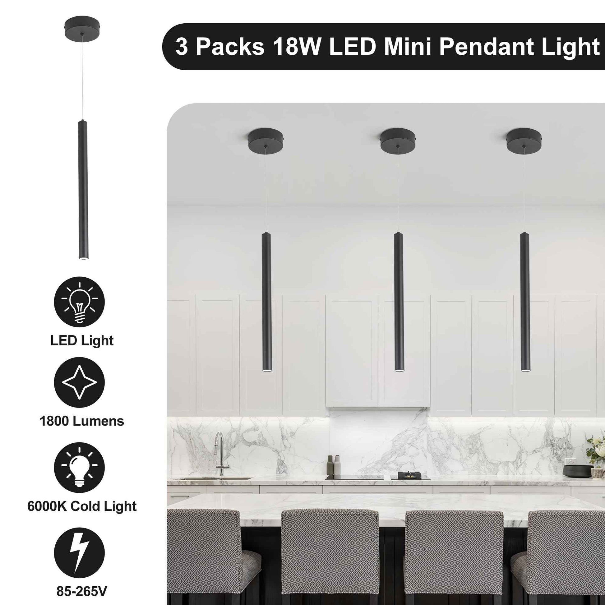 SUNMOO 3 Light Mini Pendant Lighting Modern Pendant Light, LED Modern Pendant Light Fixtures Mini Ceiling Hanging Lights for Kitchen Island Dining Room Bar Living Room 6000K 3-Pack Black