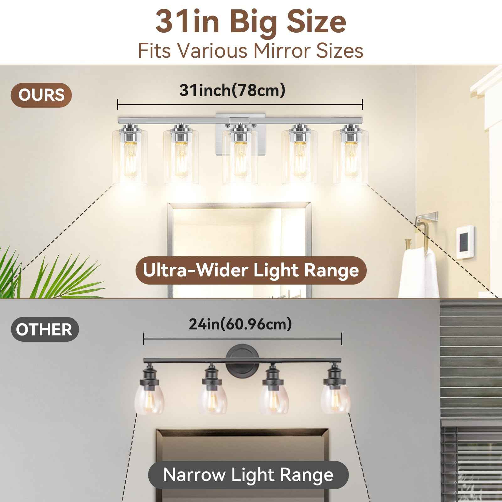 5-Light Bathroom Light Fixtures, 31" Modern Vanity Lights Over Mirror with Clear Glass Shades, Brushed Nickel Light Fixture, Classic Wall Light Fixture for Mirror Living Room Cabinet Bedroom Porch