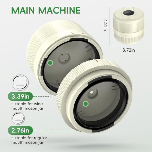 Mason Jar Vacuum Sealer Kit - Electric Sealer for Wide & Regular Mouth Lids | Automatic Food Storage - Ivory