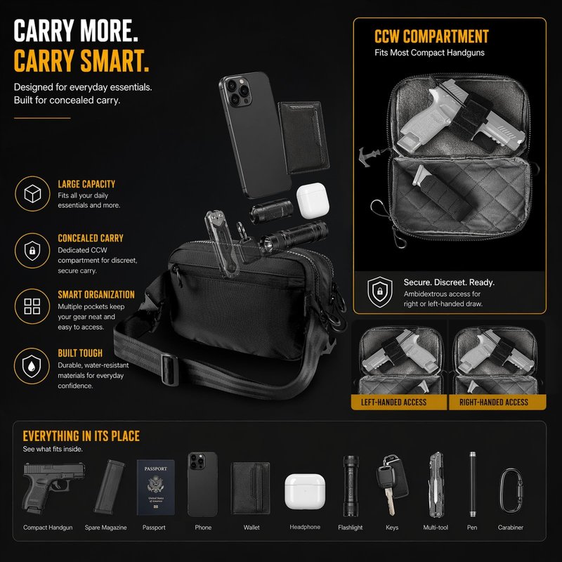 VOTAGOO Concealed Carry Waist Bag – 420D Nylon Water-Resistant Fanny Pack for Men with Hidden Pocket & Adjustable Belt – 10”W x 6”H x 3”D (Black)