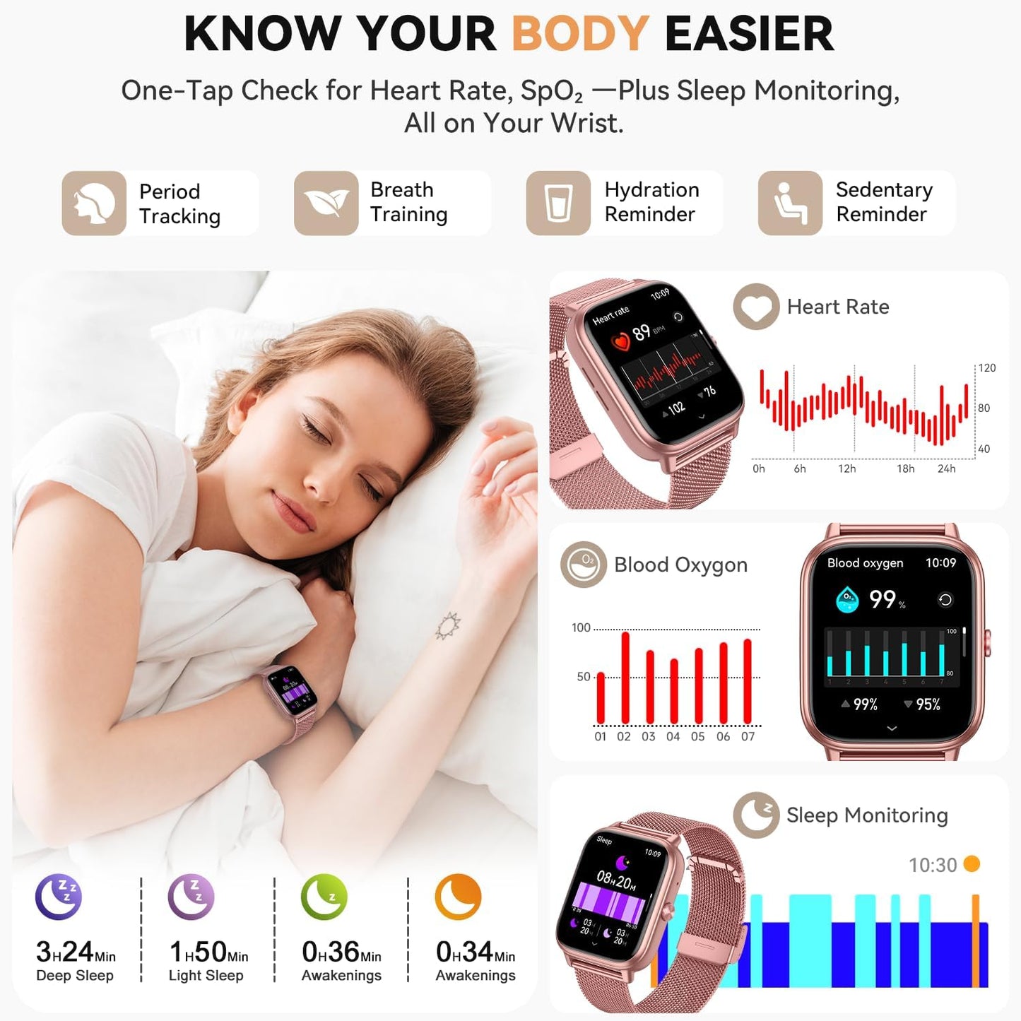 Skiennix Smart Watch | Fitness Tracker with 1000mAh Battery & Sleep Monitor - Pink, 3 Straps, 110+ Sports Modes