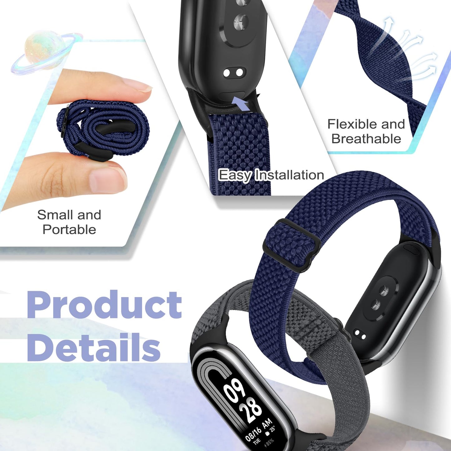 Bcuckood Elastic Bands Compatible with Xiaomi Smart Band 10/9/8 for Women Men, Stretchy Solo Loop Soft Nylon Elastic Strap Replacement Wristband for Xiaomi Mi Band 10/9/8，3 PCS