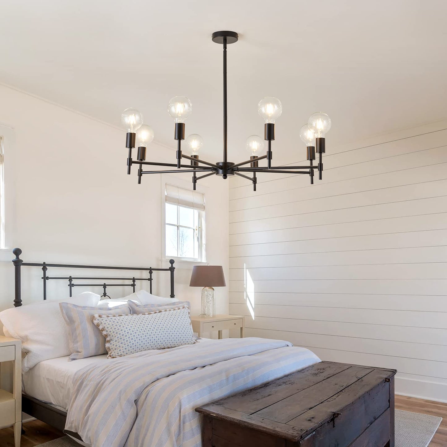 ASGYISA 8-Light Black Sputnik Chandelier Matte Industrial Flush Mount Ceiling Light Fixture Metal Modern Pendant Light for Farmhouse, Bedroom, Kitchen, Dining, Living Room, Island