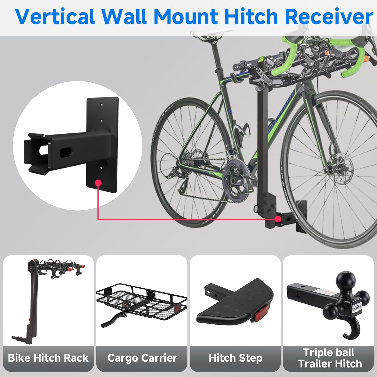 Wall Mount Bike Rack Hitch Cargo Carrier Bicycle Receiver Storage Store Hanging Garage Organizer Trailer Holder Accessories Bracket Heavy Duty Holds Max 300 Lbs Easy to Load Secure 2 inch