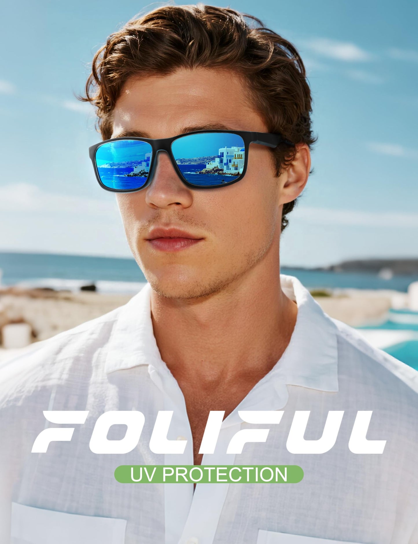 Foliful Square Polarized Sunglasses for Men and Women, Mens Sunglasses UV400 Protection with Lightweight Frame Sun Glasses for Driving Fishing, Grey/Red/Ice Blue