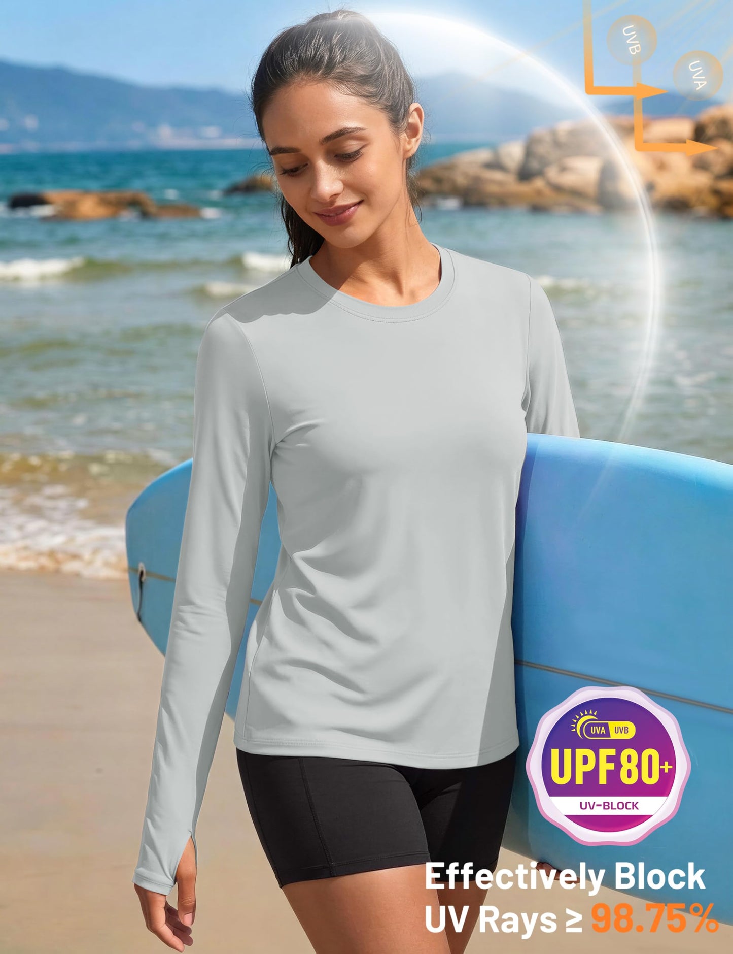 MAGCOMSEN Women's UV Protection UPF 50+ Long Sleeve Quick Dry Fit Cooling Sunscreen Shirts Gym Fishing Tops Light Grey L