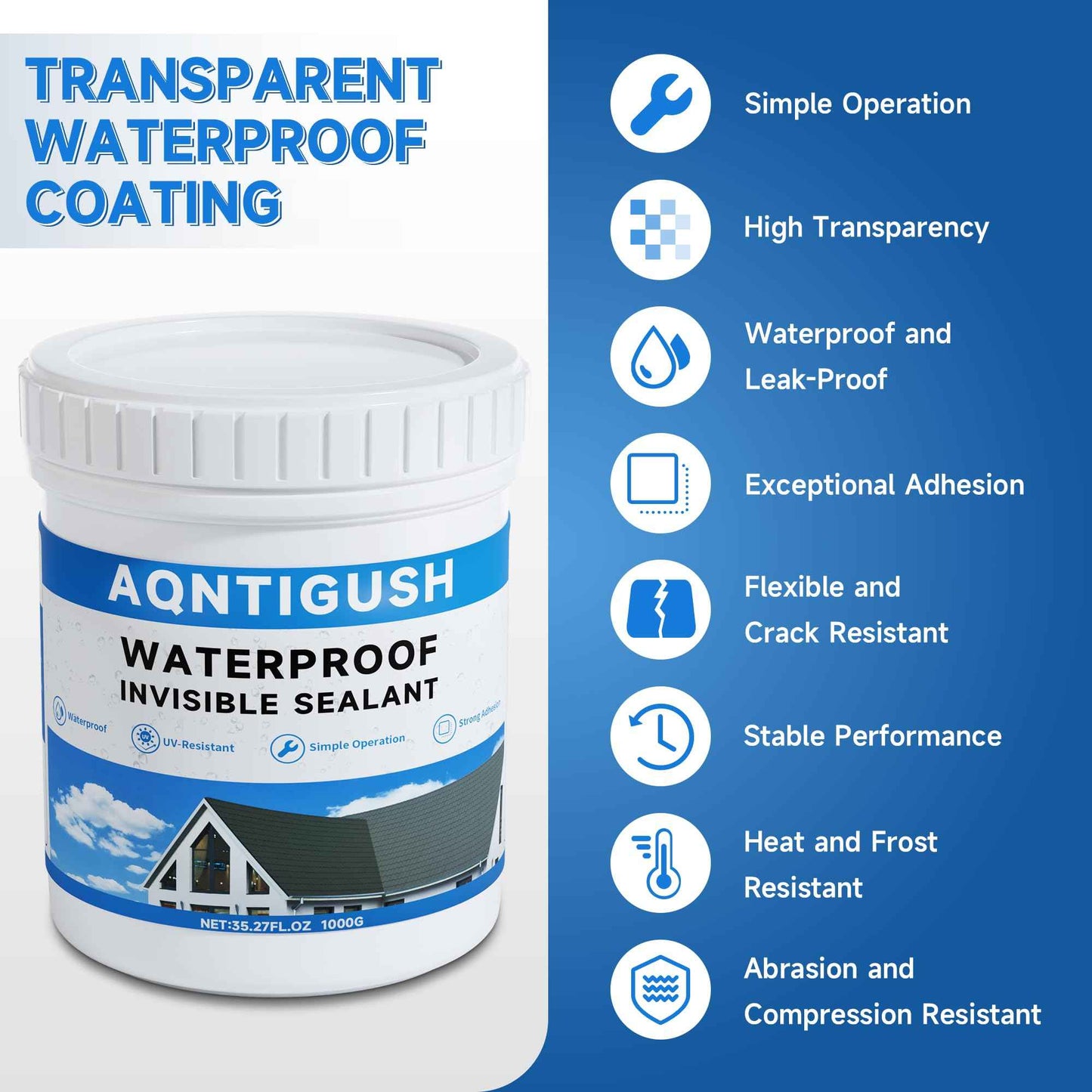 AQNTIGUSH 35oz Transparent Waterproof Sealant Coating Invisible Waterproof Agent, Waterproofing Adhesive for Roofs, Walls, Bathroom, Shower, Wood, Indoor & Outdoor Water Proof Clear Paint Sealer 1kg