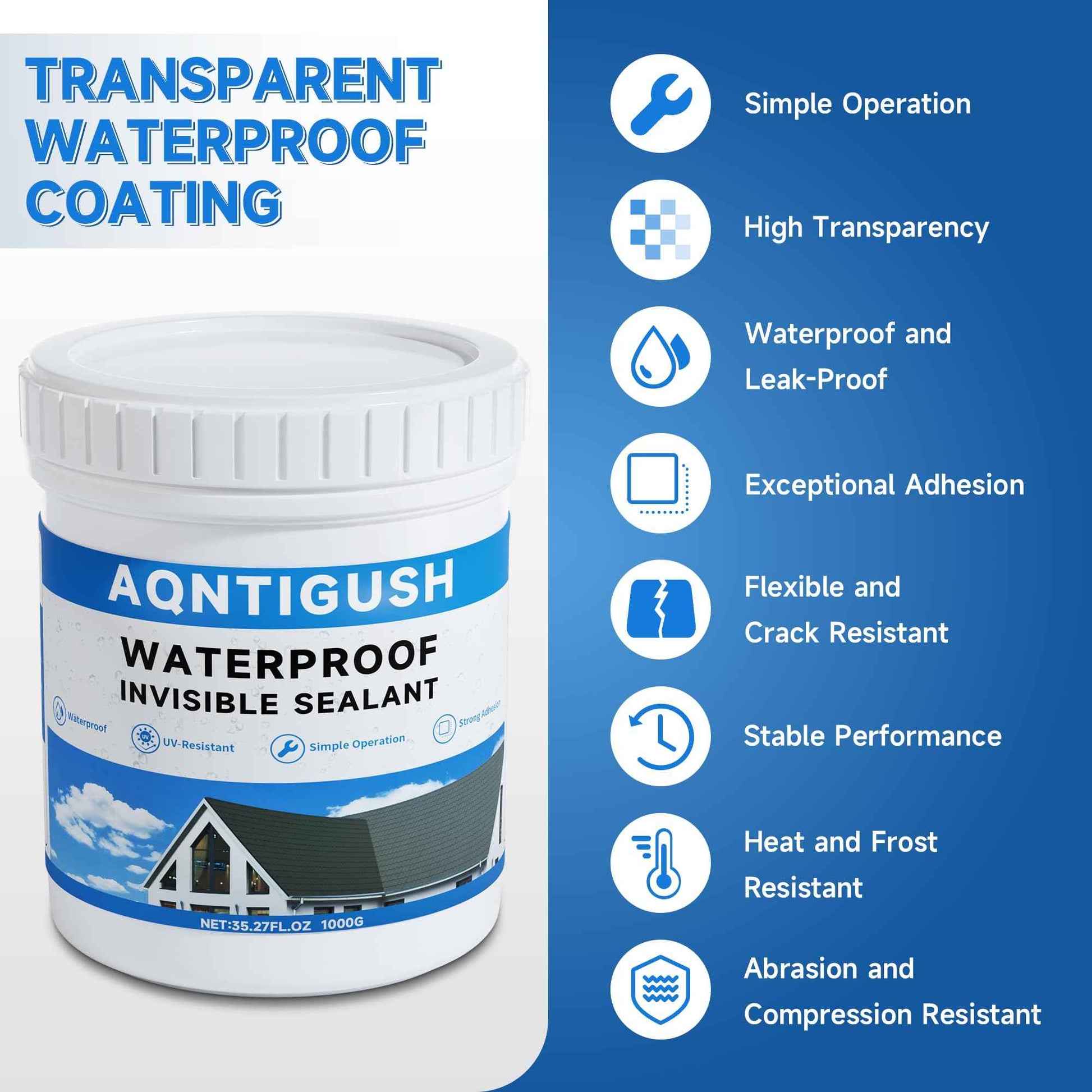 AQNTIGUSH 35oz Transparent Waterproof Sealant Coating Invisible Waterproof Agent, Waterproofing Adhesive for Roofs, Walls, Bathroom, Shower, Wood, Indoor & Outdoor Water Proof Clear Paint Sealer 1kg