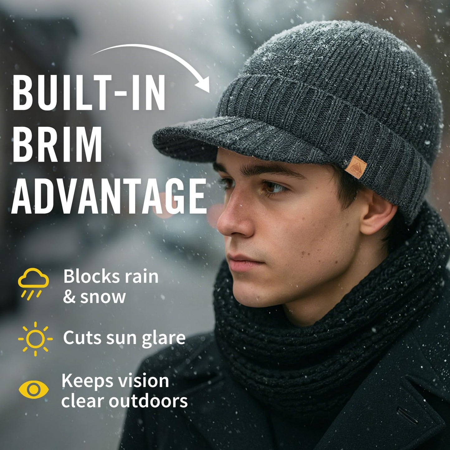 TOP-EX Dryknit Waterproof Merino Wool Mens Winter Ski Beanie Hat with Brim Fleece Lined Thermal Knit Cap for Hiking & Cold Weather Black M/L