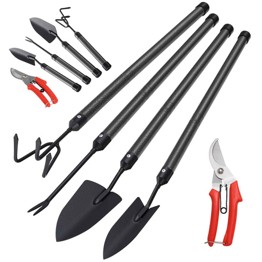 Garden Tools Set with Extension Handles, 5 Piece Thick Gardening Hand Tools, Heavy Duty Steel Rust-Proof Weeding Planting Tool Ideal Gardening Kit Gifts for Women and Men