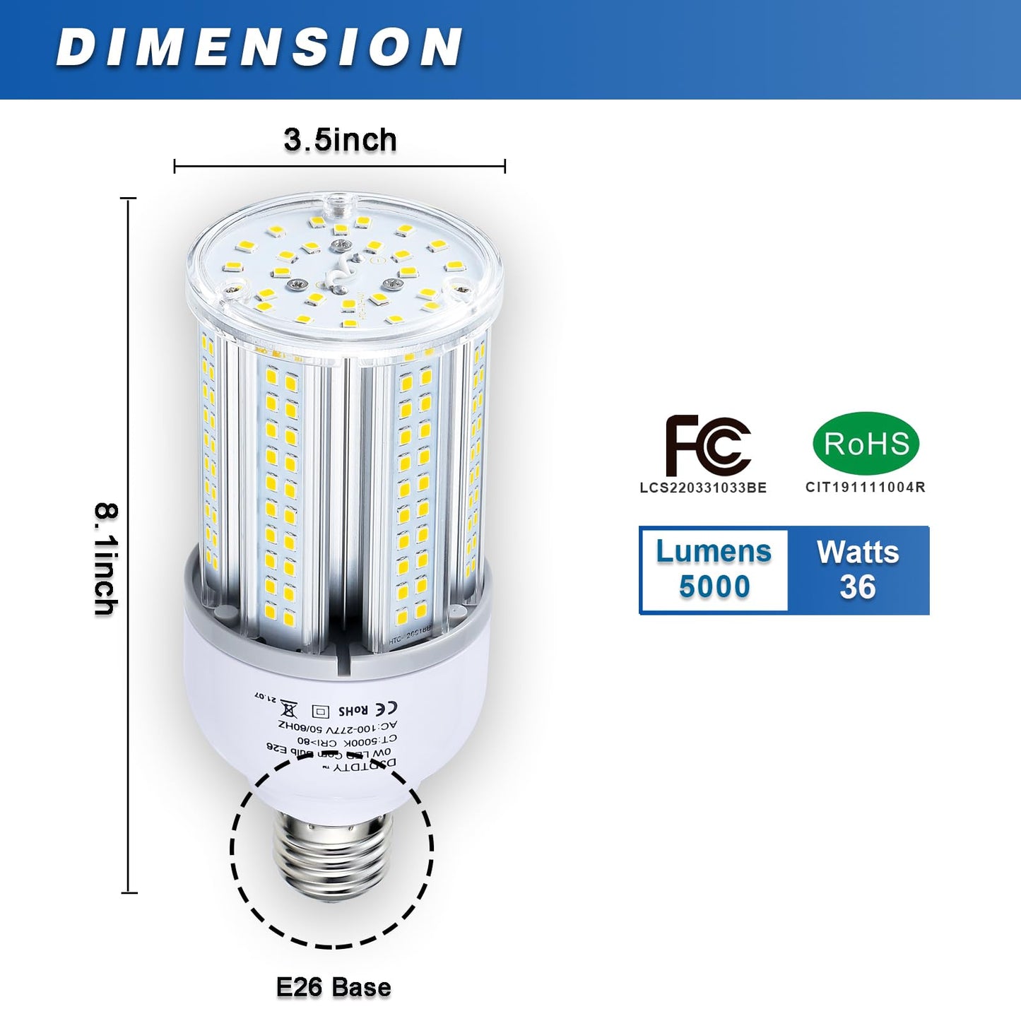 DJDTDTY 36W LED Corn Light Bulb, E26 Base with, 5000K 5000LM LED Light Bulb for Garage Warehouse Workshop Barn (36Watts)