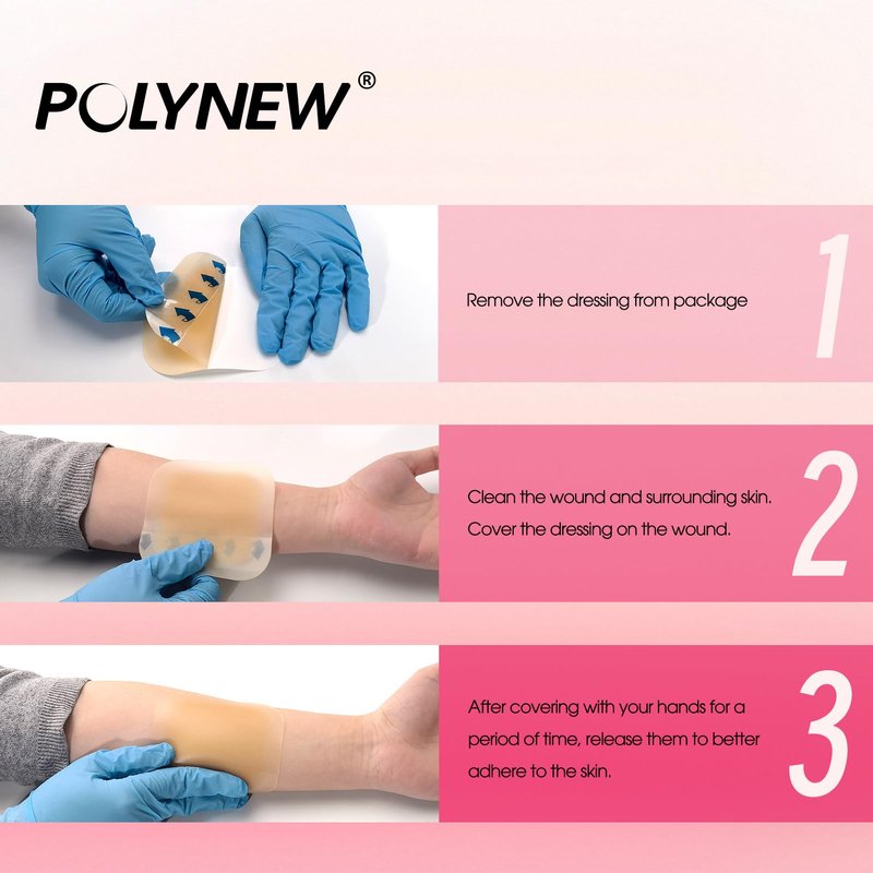POLYNEW 4" x 4"-10Pcs/Box Hydrocolloid Dressing with Border for Light Exudate, Hydrocolloid Patches Waterproof Wound Dressing, Adhesive Hydrocolloid Bandages, for Pressure Ulcer, Bed Sore