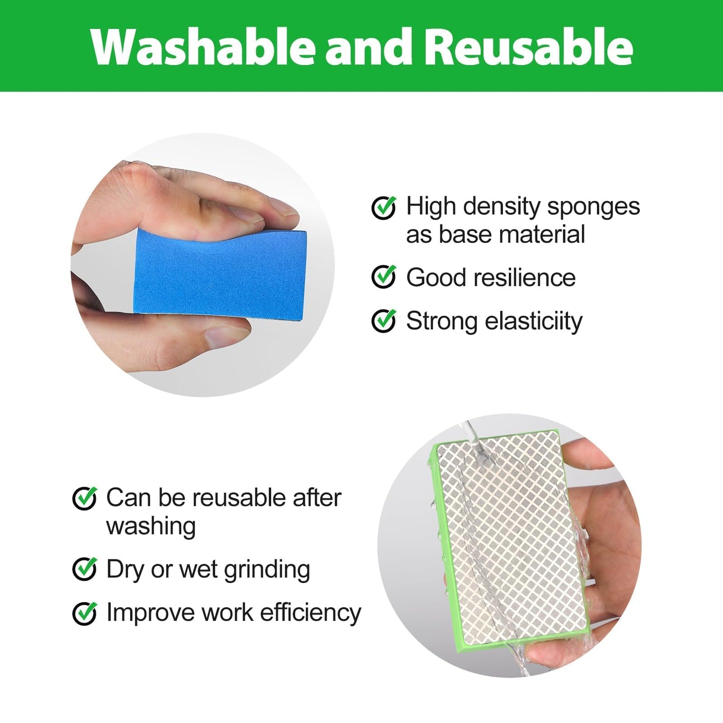 WORKEASE Diamond Hand Polishing Pads, 4PCS Diamond Sanding Block 60/120/240/400 Grit Diamond Hand Pads Foam Backing for Tile Glass Stone Marble Granite Ceramics Metal Wet&Dry