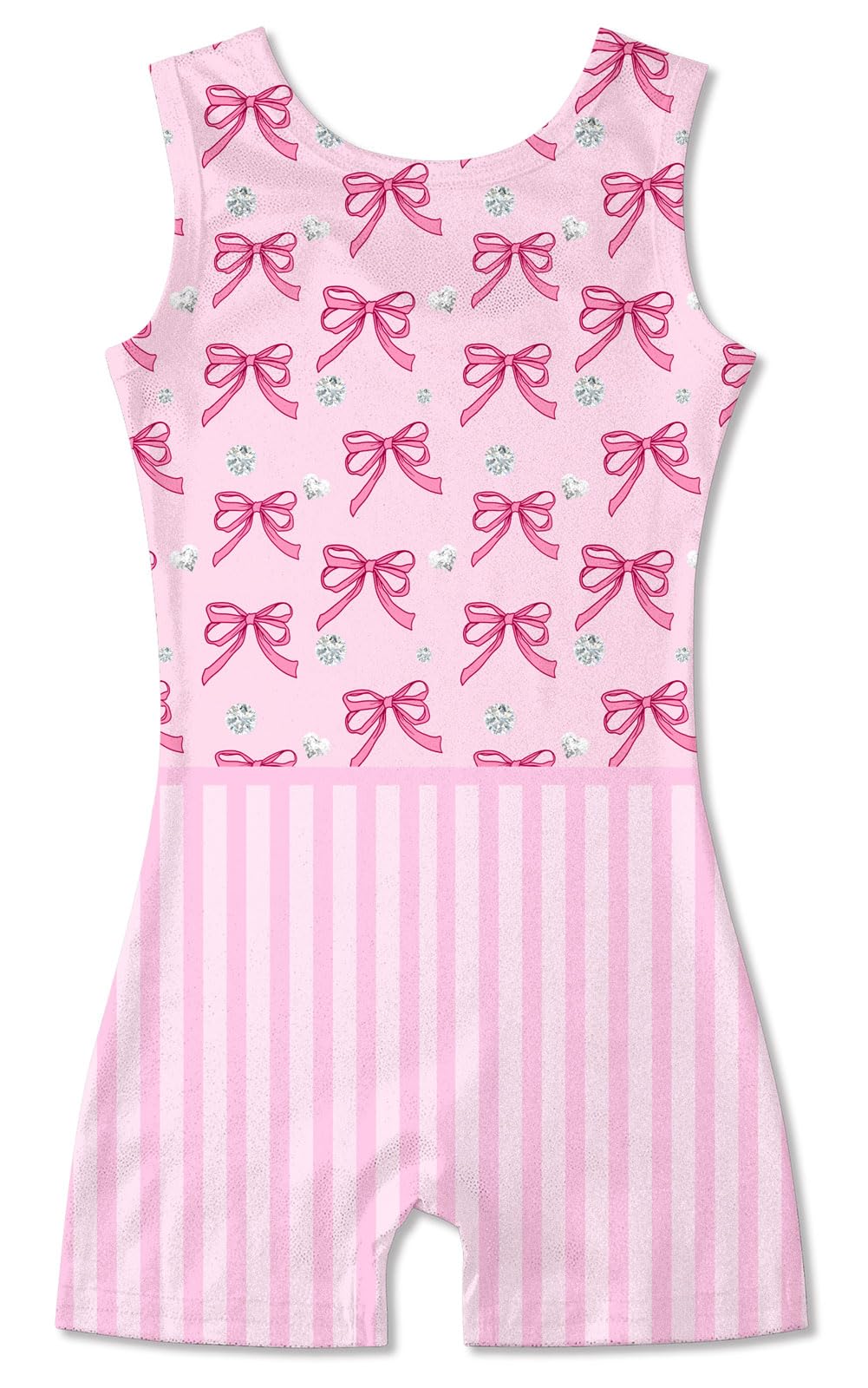 Funnycokid Gymnastics Leotards for Girls Sparkly Dance Unitards with Shorts, Pink bow, 9-10 Years