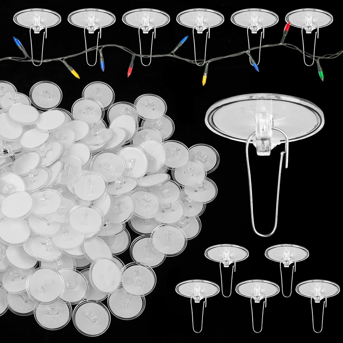 KKONHII 150 Pack Self-Adhesive Ceiling Hooks for Hanging, No-Drill Removable Wall Hanger Sticky Transparent Discs with Metal Hooks for Festival Wedding Birthday Party Decorations