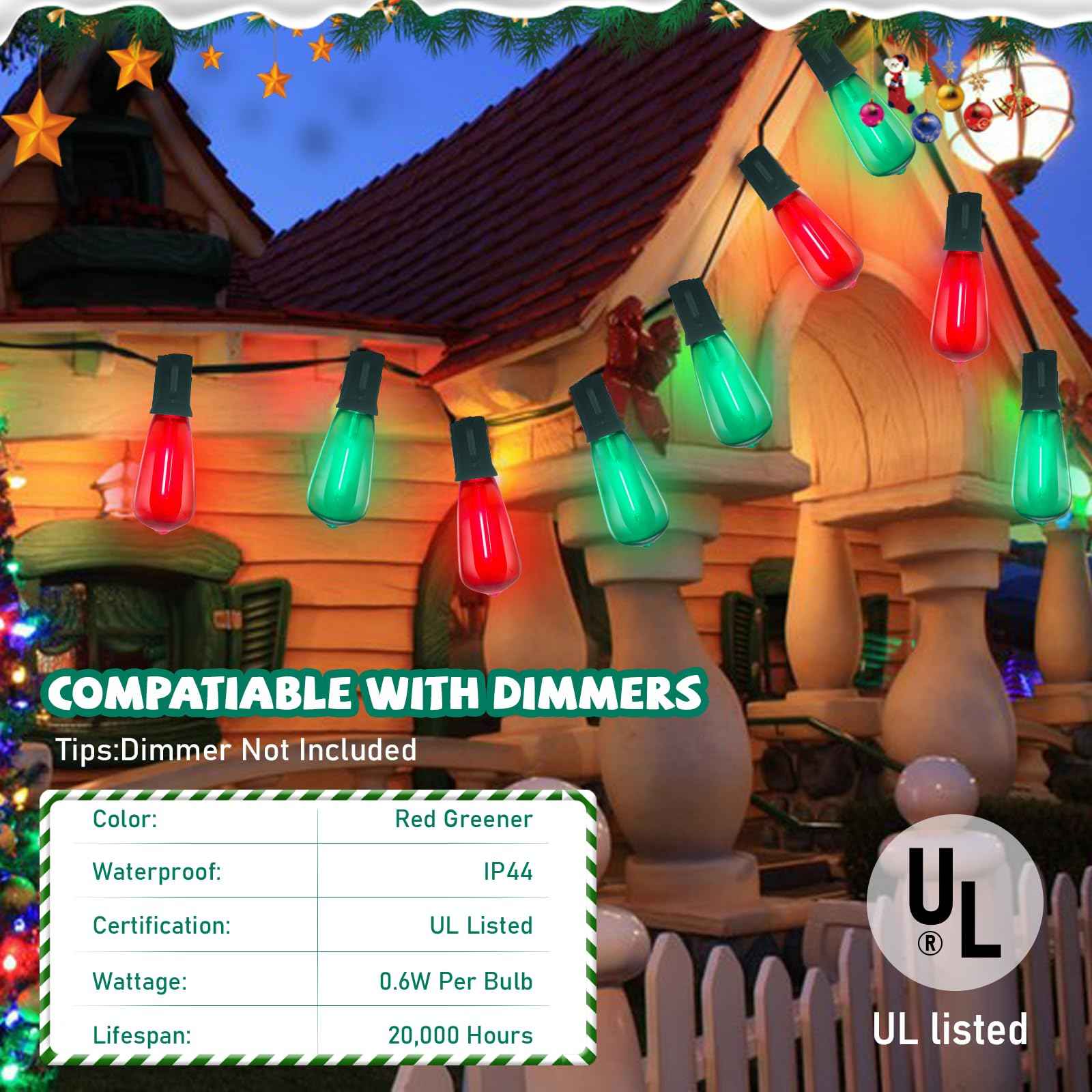 GOOTHY LED ST40 Red and Green Outdoor String Lights, 45FT Patio Lights Waterproof with 30 LED Red Green Shatterproof Bulbs, Hanging Outdoor Light for Home Party Backyard Garden Christmas Decorations