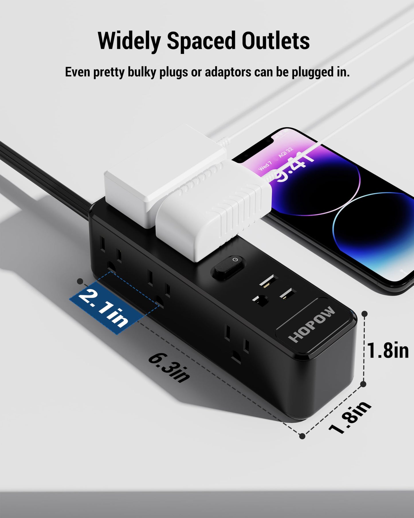 HOPOW Surge Protector Power Strip, 10 Ft Power Strip with 9 Widely AC Outlets, 1700 Joules, Wall Mount 3-Side, Ultra Thin Flat Plug Extension Cord for Travel Home Office College Dorm, Black