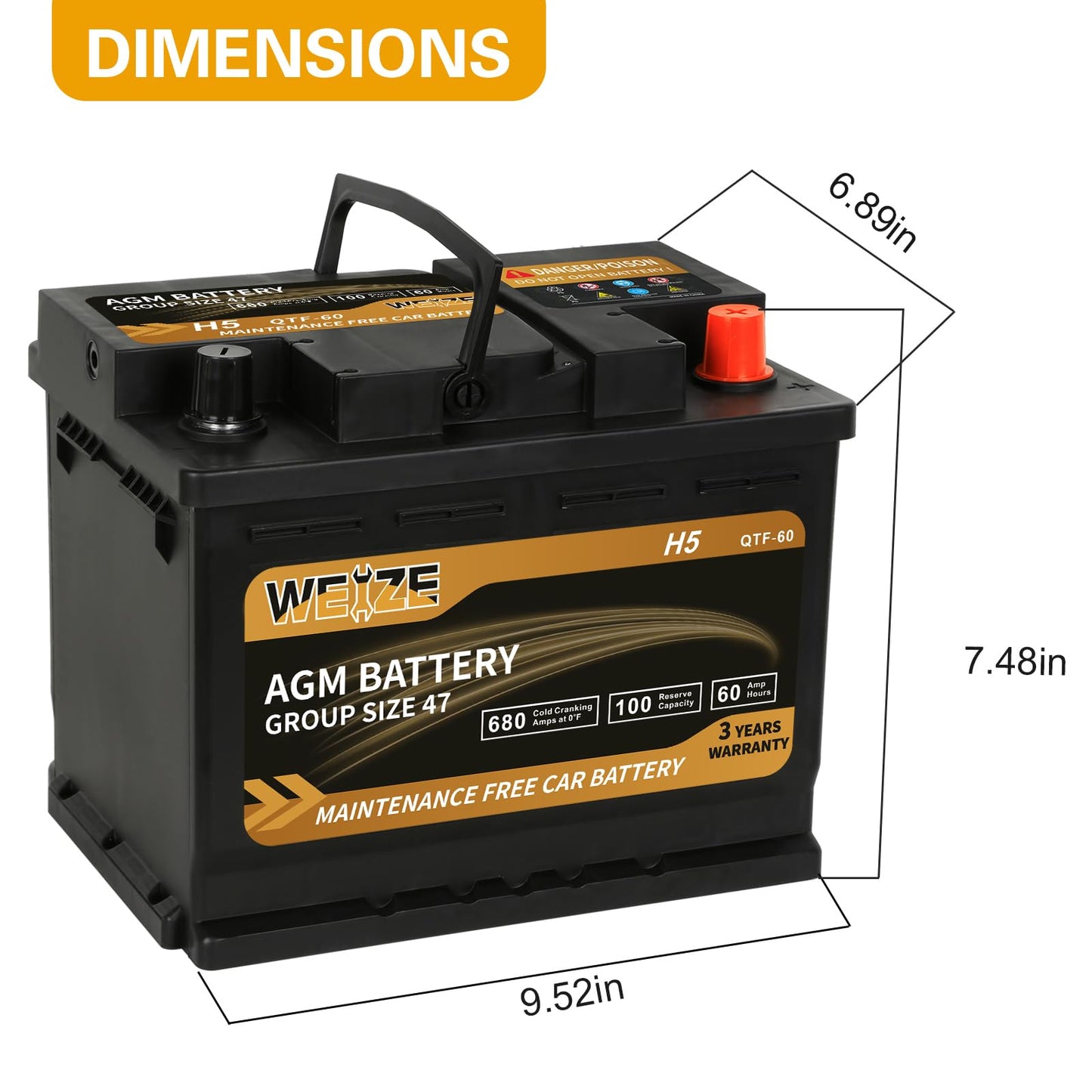 Weize Platinum AGM Battery BCI Group 47-12v 60ah H5 Size 47 Automotive Battery, 100RC, 680CCA, 36 Months Warranty, Dimensions 9.52" L x 6.89" W x 7.48" H