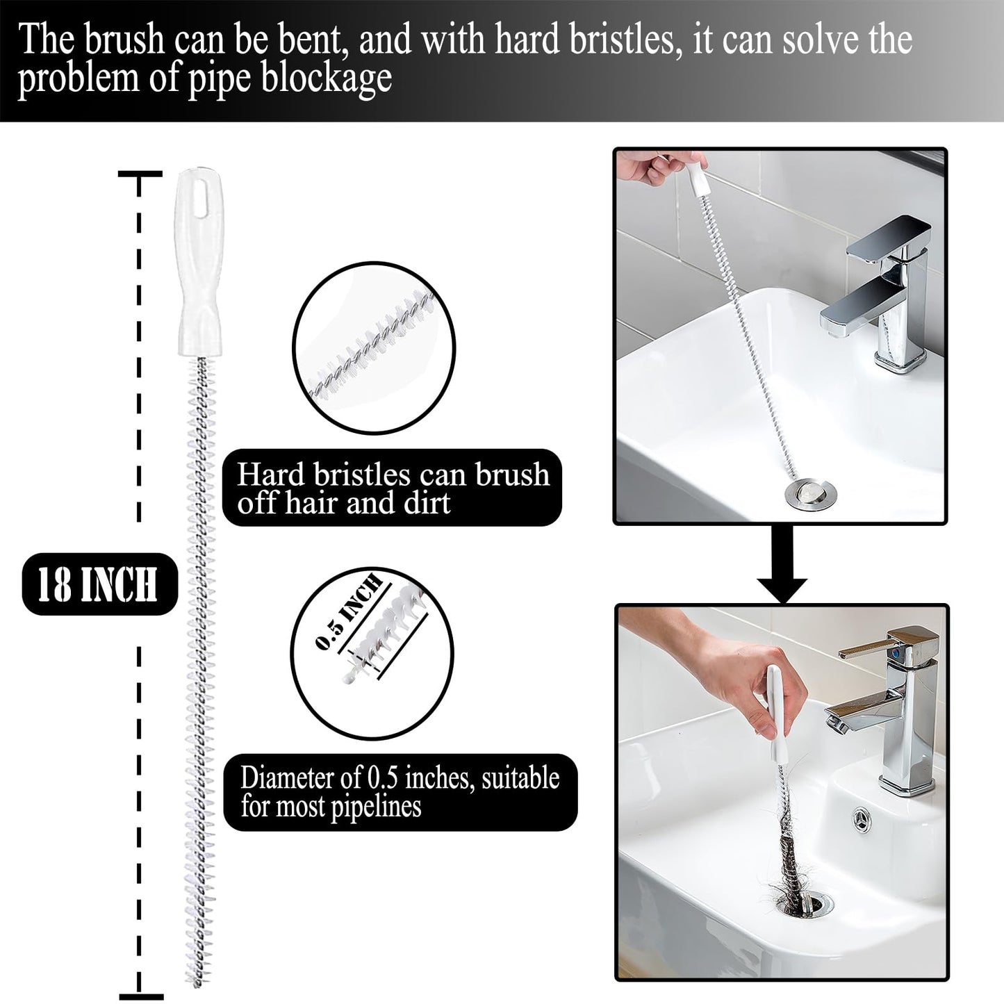 63 Inch Drain Snake Hair Drain Clog Remover Tool, Flexible Sink Snake Drain Cleaner Tool Set, Plumbing Snake for Toilet Sewer Shower Kitchen Bathroom Tub Clogged Hair Removal Cleaning Tool Set