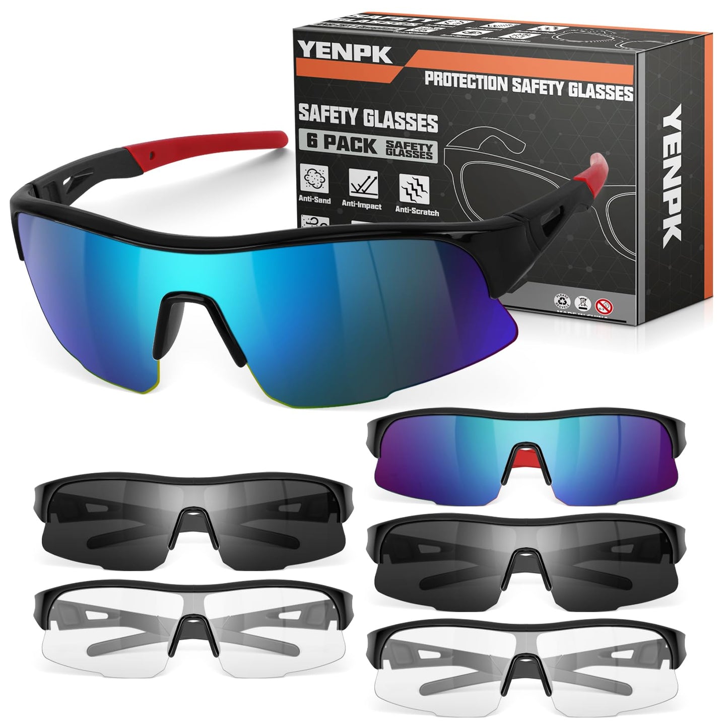 YENPK 6 Pack Safety Glasses, ANSI Z87.1 Safety Glasses with UV Protection, Impact Resistant Tinted Safety Goggles