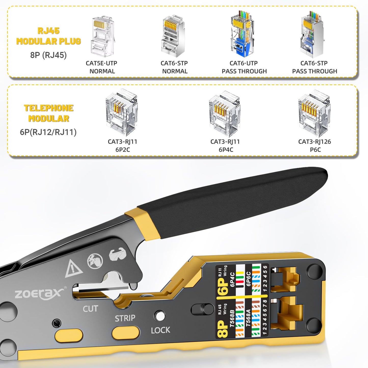 ZOERAX RJ45 Crimping Tool Ethernet Crimp Tool Crimper for RJ11/RJ12 Standard, RJ45 Pass Through Connectors, Yellow