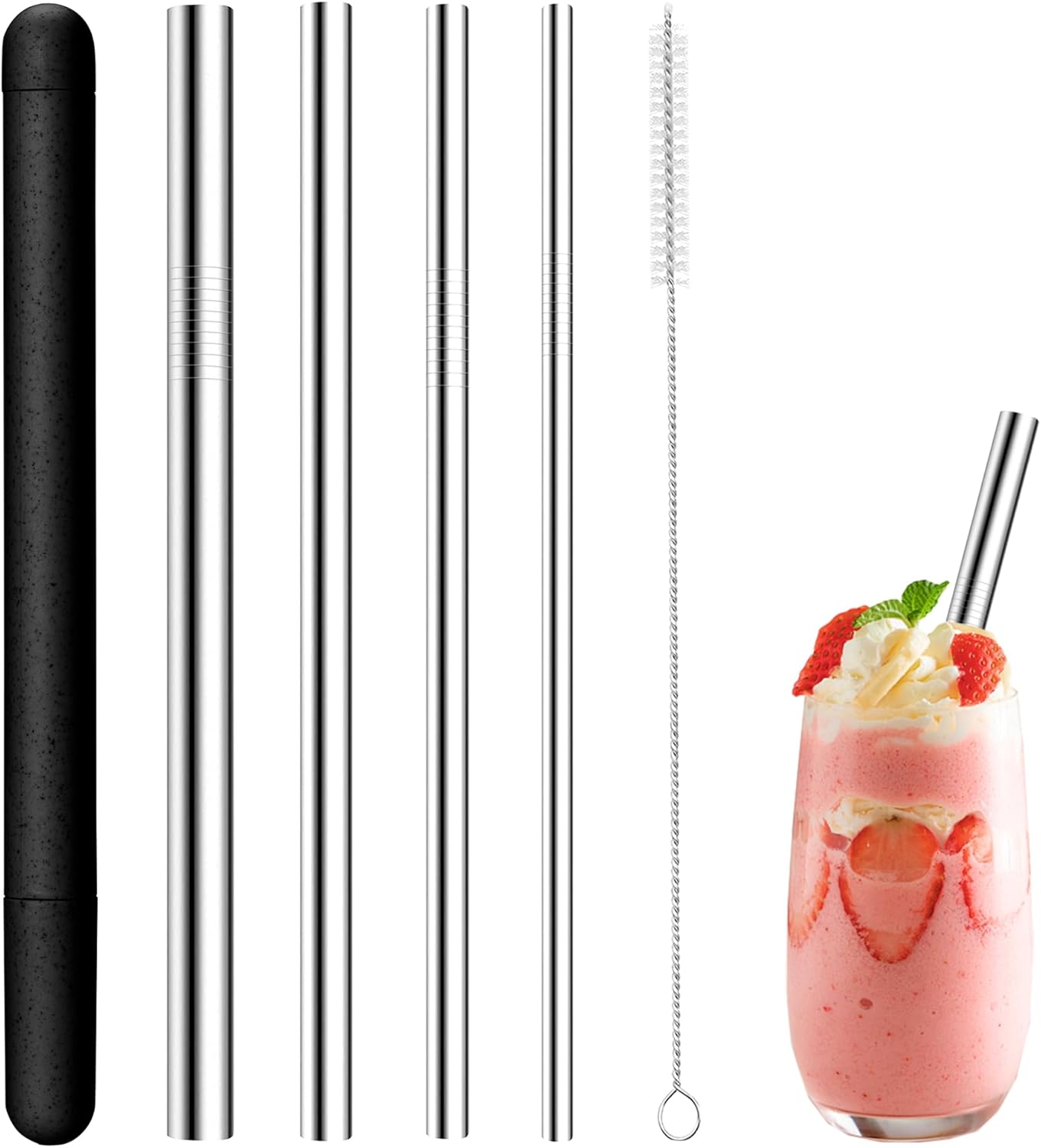 Stainless Steel Straw Set by [Brand Name] - 4-Pack Reusable Straws | 215mm Length, 6/8/10/12mm Diameters - Perfect for Coffee & Smoothies