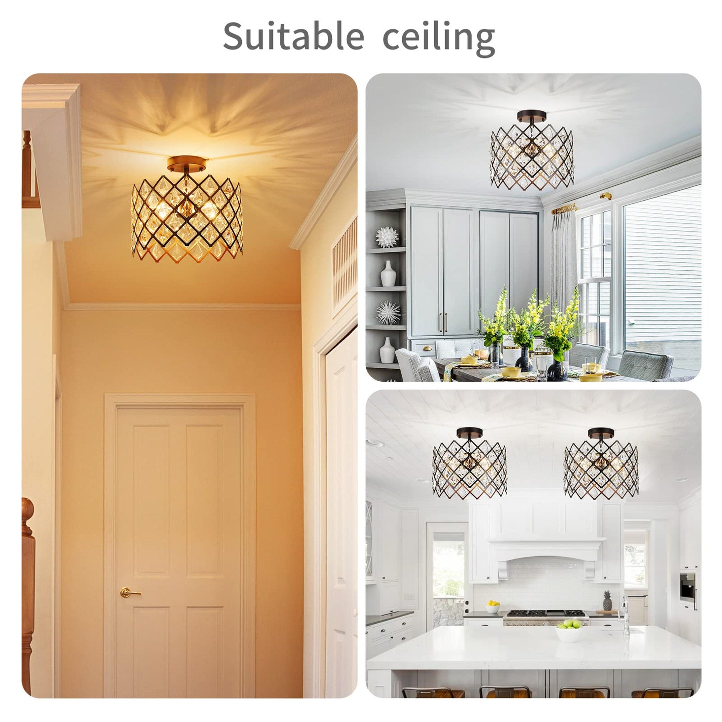 WUZUPS Crystal Chandelier 3-Light Semi-Flushmount Ceiling Light Modern Lighting Fixture for Bedroom Storageroom Hallway Bar Kitchen Dinning Living Room Bathroom, 13.4" Wide 11" High, Oil Rubbed Bronze