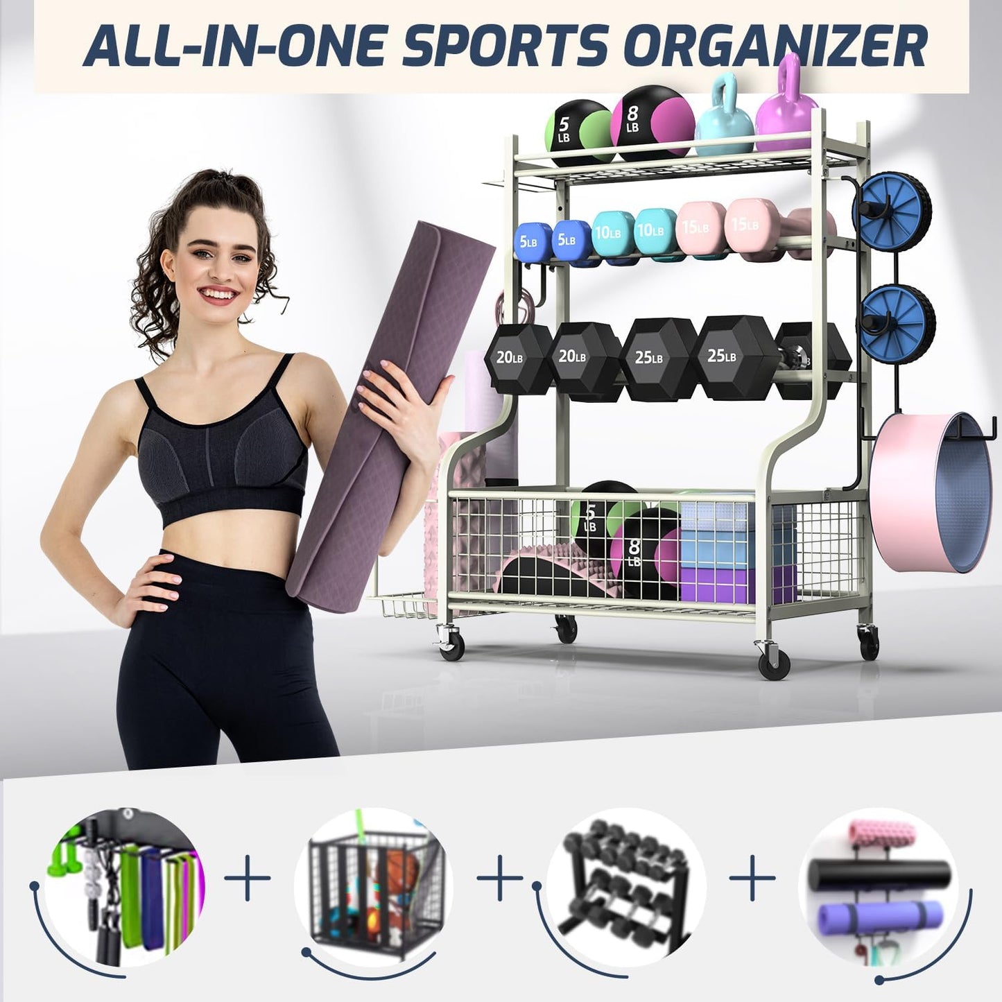 PLKOW Dumbbell Rack - All-in-One Home Gym Storage for Dumbbells, Kettlebells & Yoga Mats - Durable Steel with Wheels