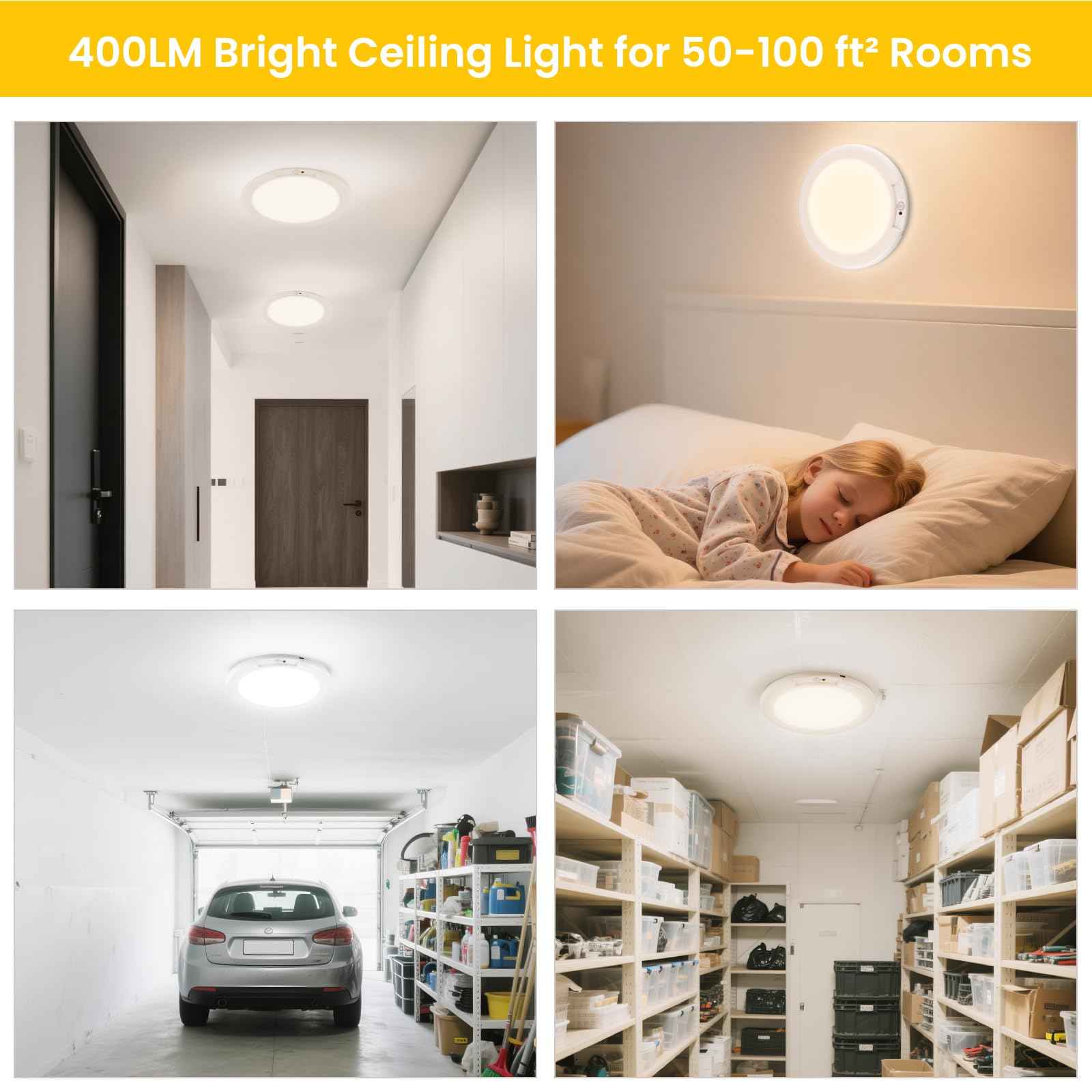 QQLXST 4-Pack Rechargeable Motion Sensor Ceiling Light with Remote, Wireless Dimmable 3000K/4000K/6500K Waterproof Shower Lamp, Magnetic Battery Operated Closet Light for Hallway Pantry, No Wiring