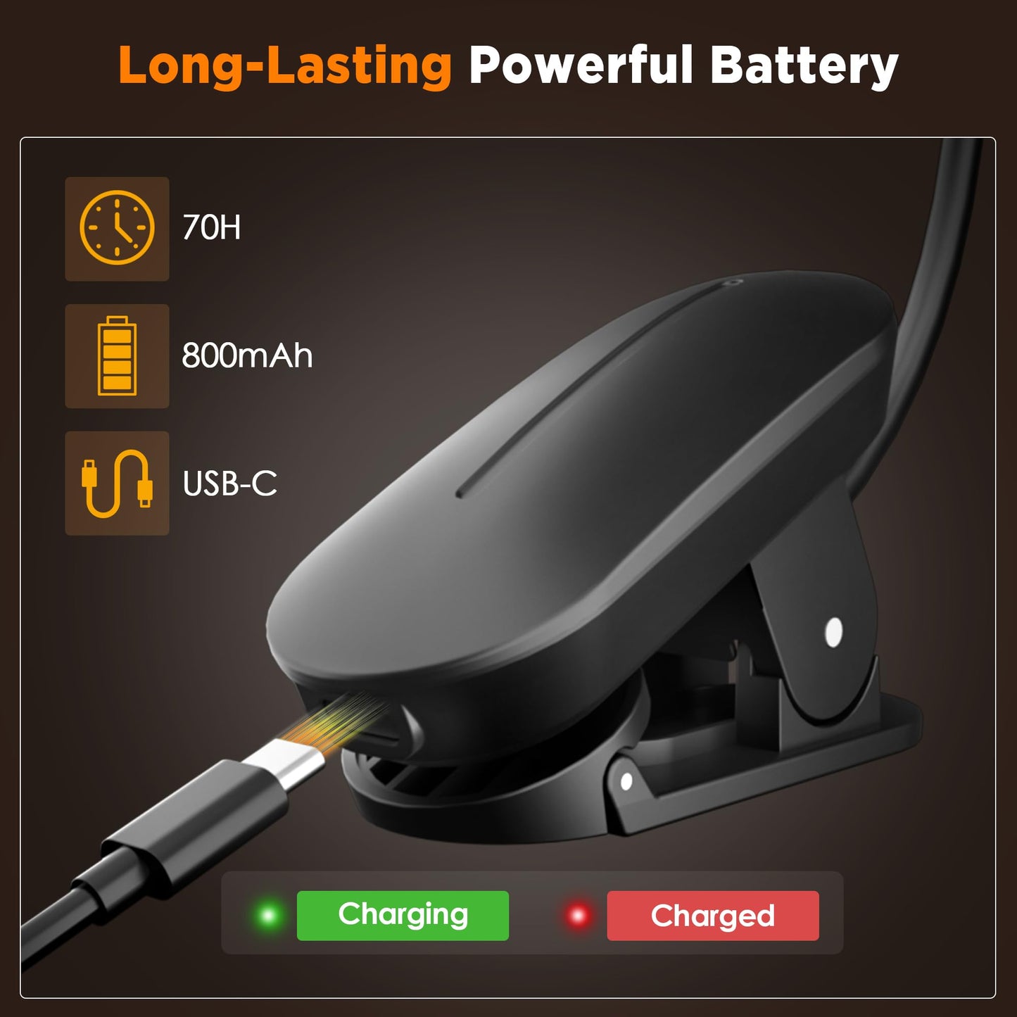 TATAANTY Book Light for Reading at Night- Eye Caring 3 Color Modes&Stepless Dimming LED Book Reading Light,Rechargeable 70 Hrs Lasting Runtime Lightweight Clip-on Book Light for Book Lovers,Deep Black