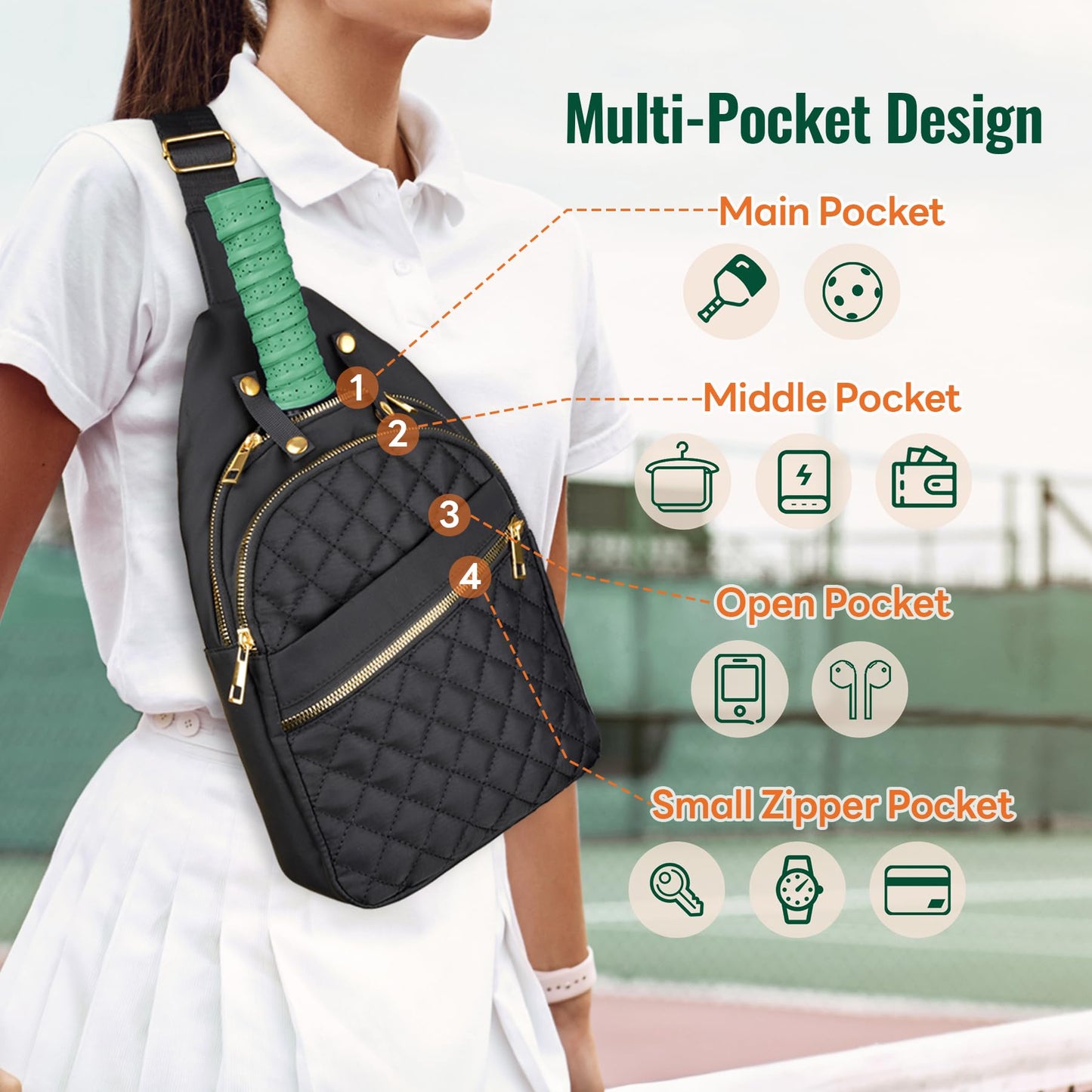 NiHome Pickleball Sling Bag for Men & Women, Water-Repellent Polyester Crossbody Backpack with Adjustable Strap, Fits 2 Paddles & 6 Balls, Tablet Pocket, Front Zipper Storage for Phone & Gear (Black)
