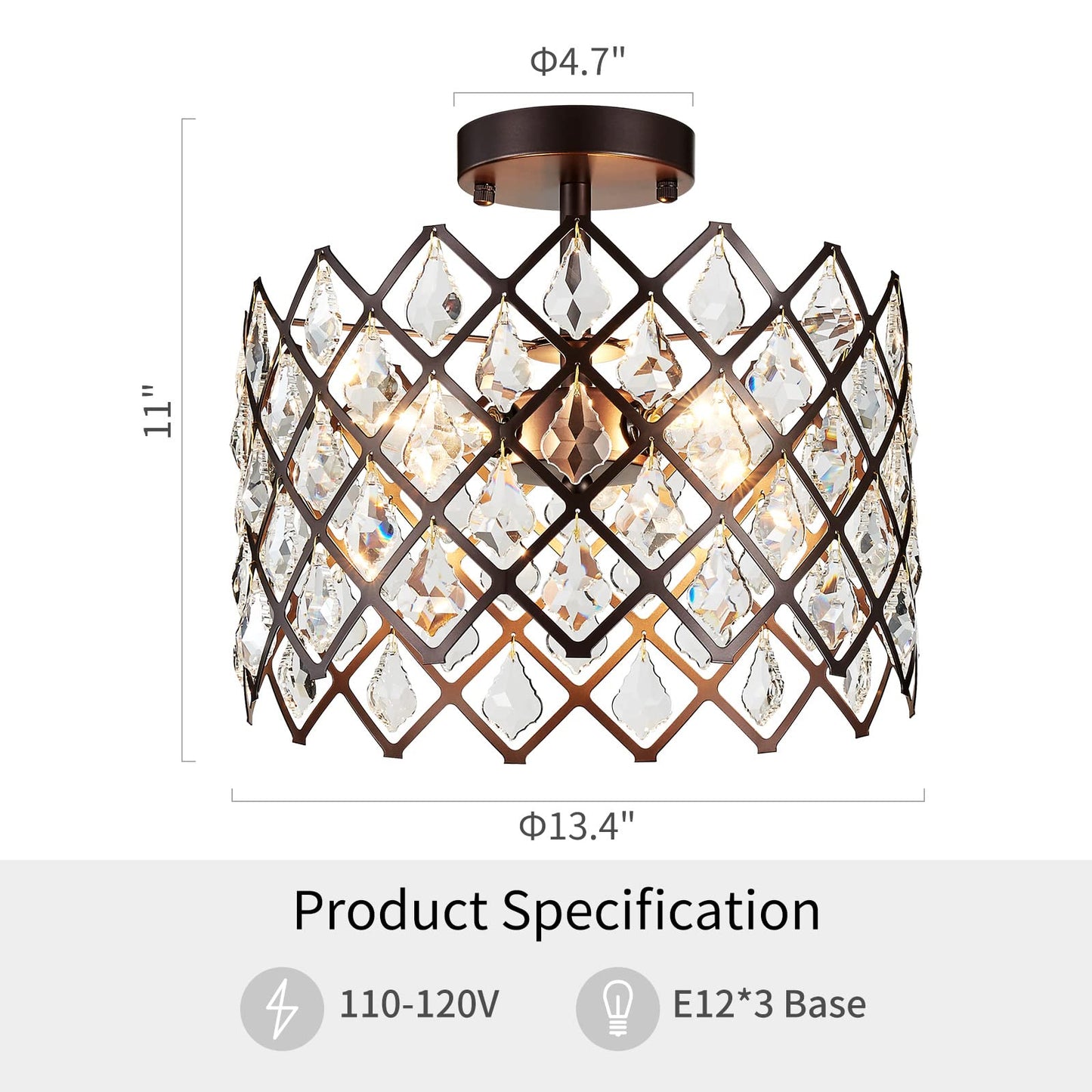 WUZUPS Crystal Chandelier 3-Light Semi-Flushmount Ceiling Light Modern Lighting Fixture for Bedroom Storageroom Hallway Bar Kitchen Dinning Living Room Bathroom, 13.4" Wide 11" High, Oil Rubbed Bronze