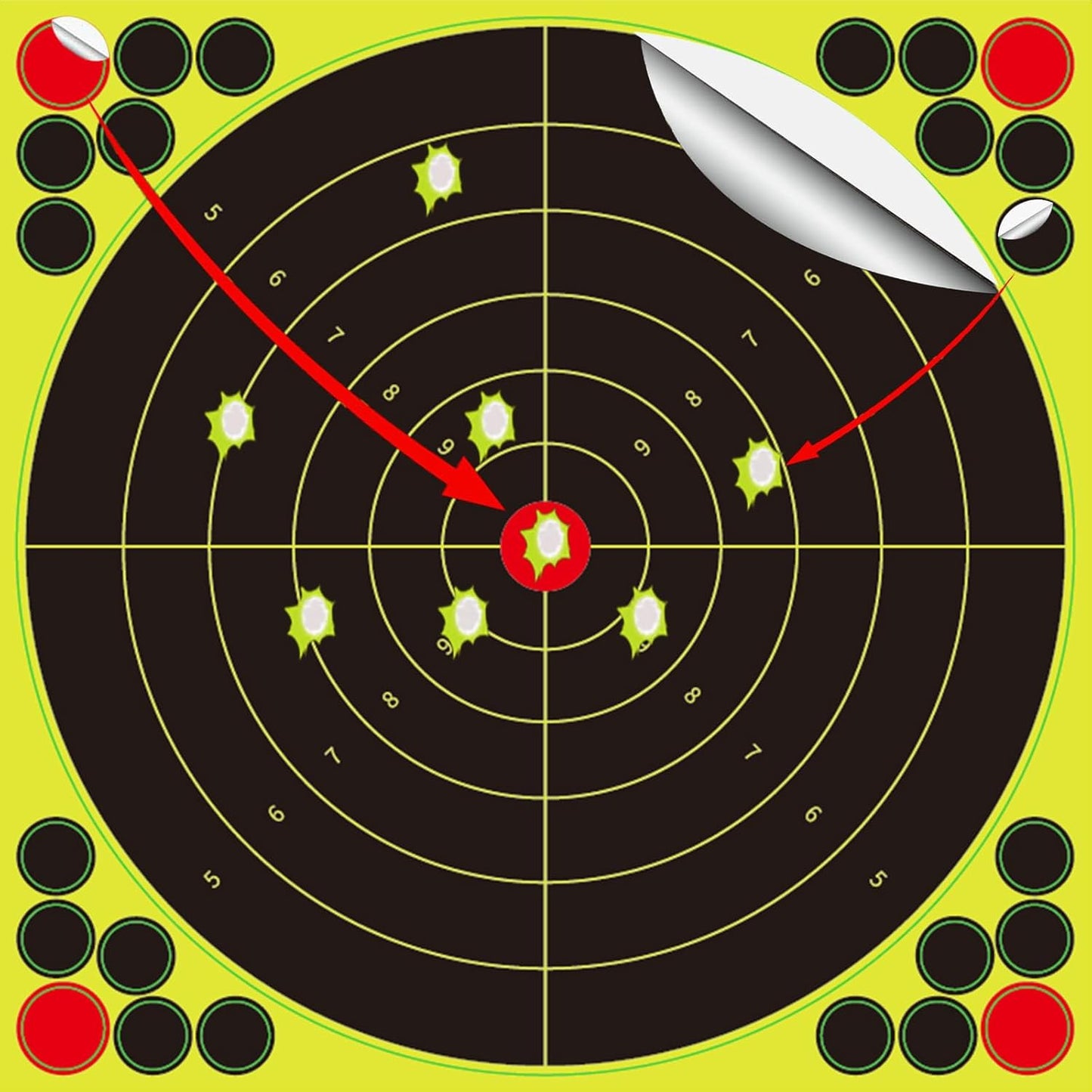 Reactive Fluorescent Shooting Targets by Splatter - 12x12” Adhesive Feedback Stickers with Repair Patches for Range Training