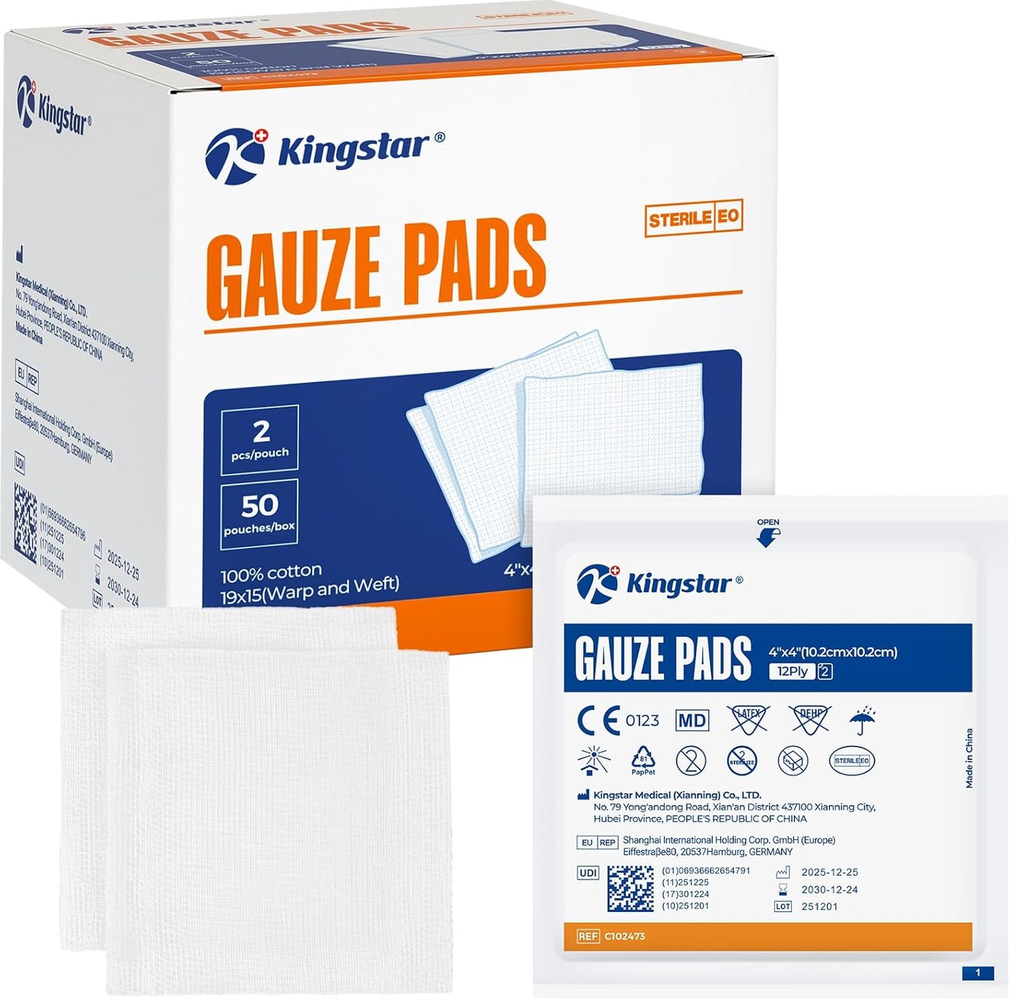 Regine Switzerland 100% Cotton Sterile Gauze Pads - Highly Absorbent 4x4 Inch, 12-Ply for Wound Care