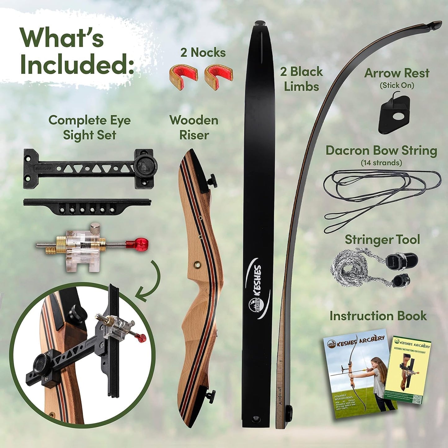 KESHES Takedown Recurve Bow and Arrow Set for Adults & Teens 62" - 15-60lb Draw Weight, Right & Left Handed Bows - Archery Set with Bowstring, Arrow Rest, Stringer Tool, and Bow Sight - 40 Left Hand