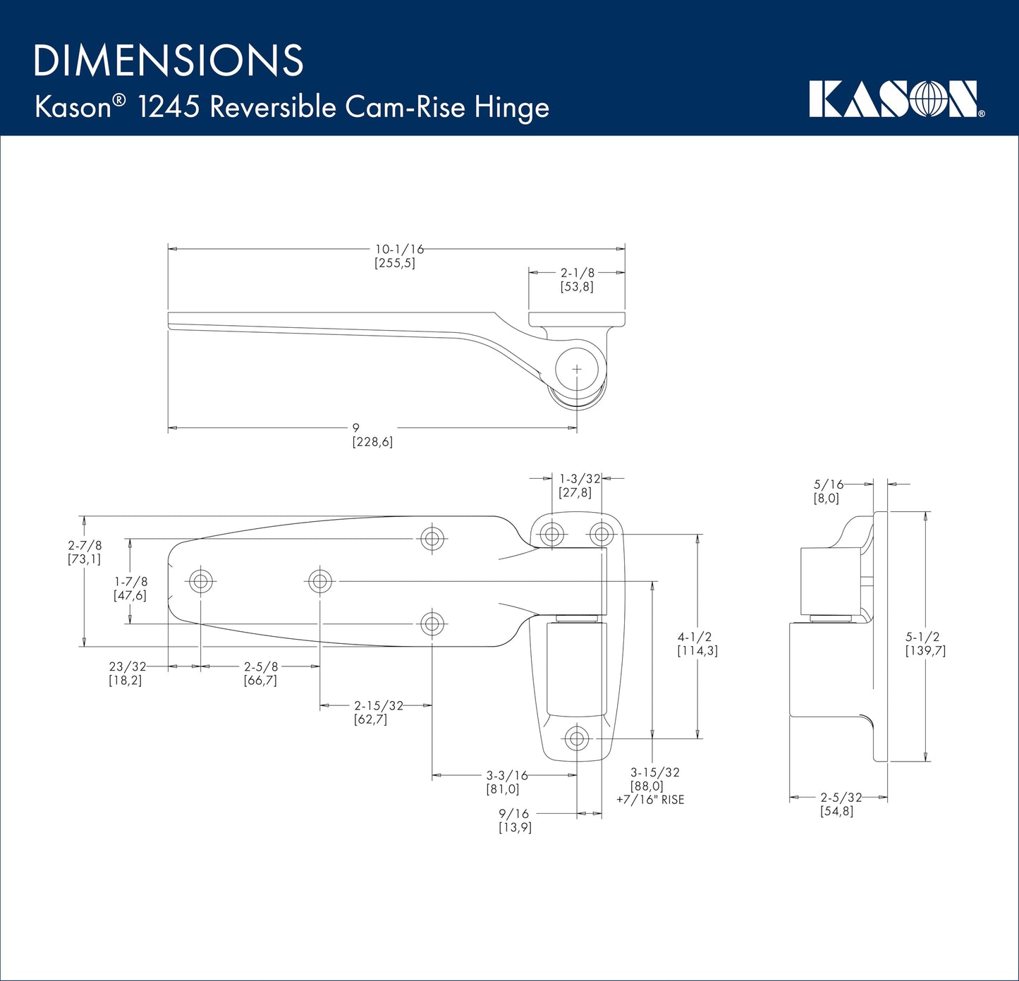 Kason 1245 Reversible Cam-Rise Hinge, 1-1/2 Inch Offset, Brushed Chrome Finish, 11245000124