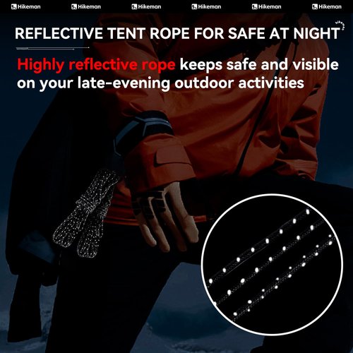 Hikeman Tent Guy Ropes 2mm-Ultralight Strong Guy Lines with Tensioner Reflective UHMWPE Fiber Tent Cord for Camping, Hiking, Backpacking Rope (Black, 39 Feet, 6 Tensioners)