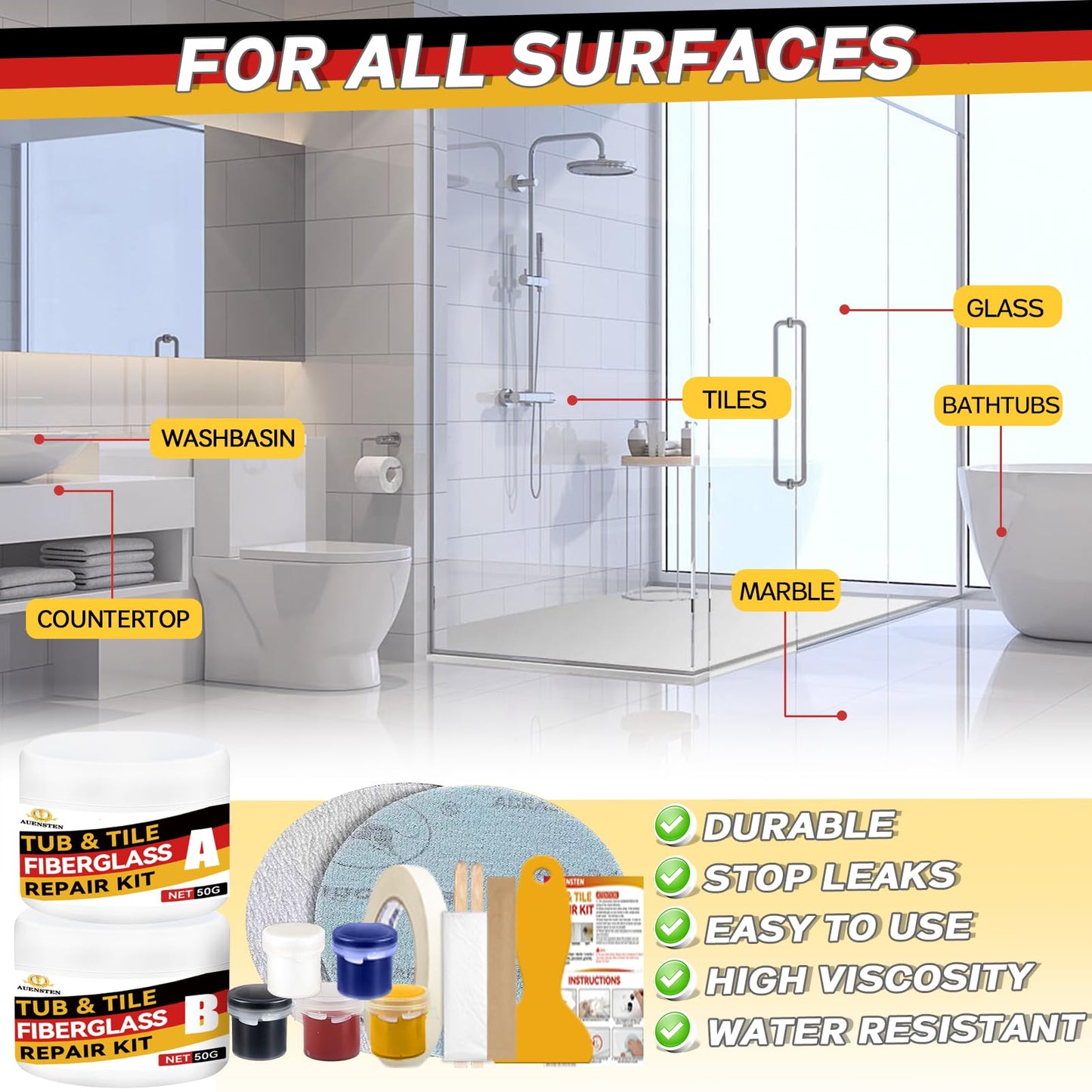 Bathtub Repair Kit, Porcelain and Fiberglass Tub Tile and Shower Kit Repair Chips Dents Cracks Scratches from Ceramic, Marble, Quartz, Resin, Acrylic (White)