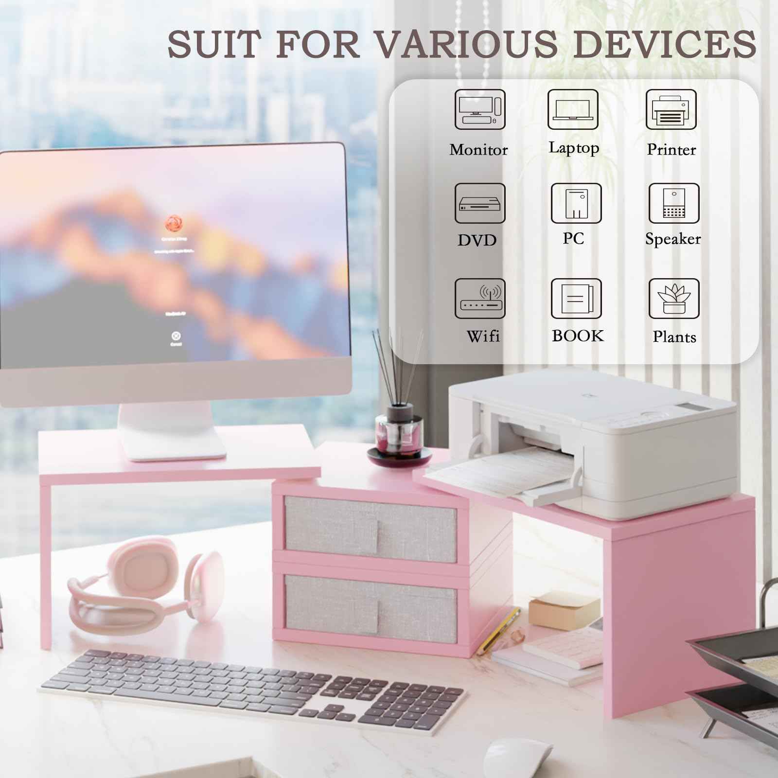 TEAMIX Pink Dual Monitor Stand Riser with 2 Drawers - Length and Angle Adjustable Double Corner Desk Shelf Organizer 37 inch for 2 Laptop/PC/Screen/TV (2 Drawers - 8''H)