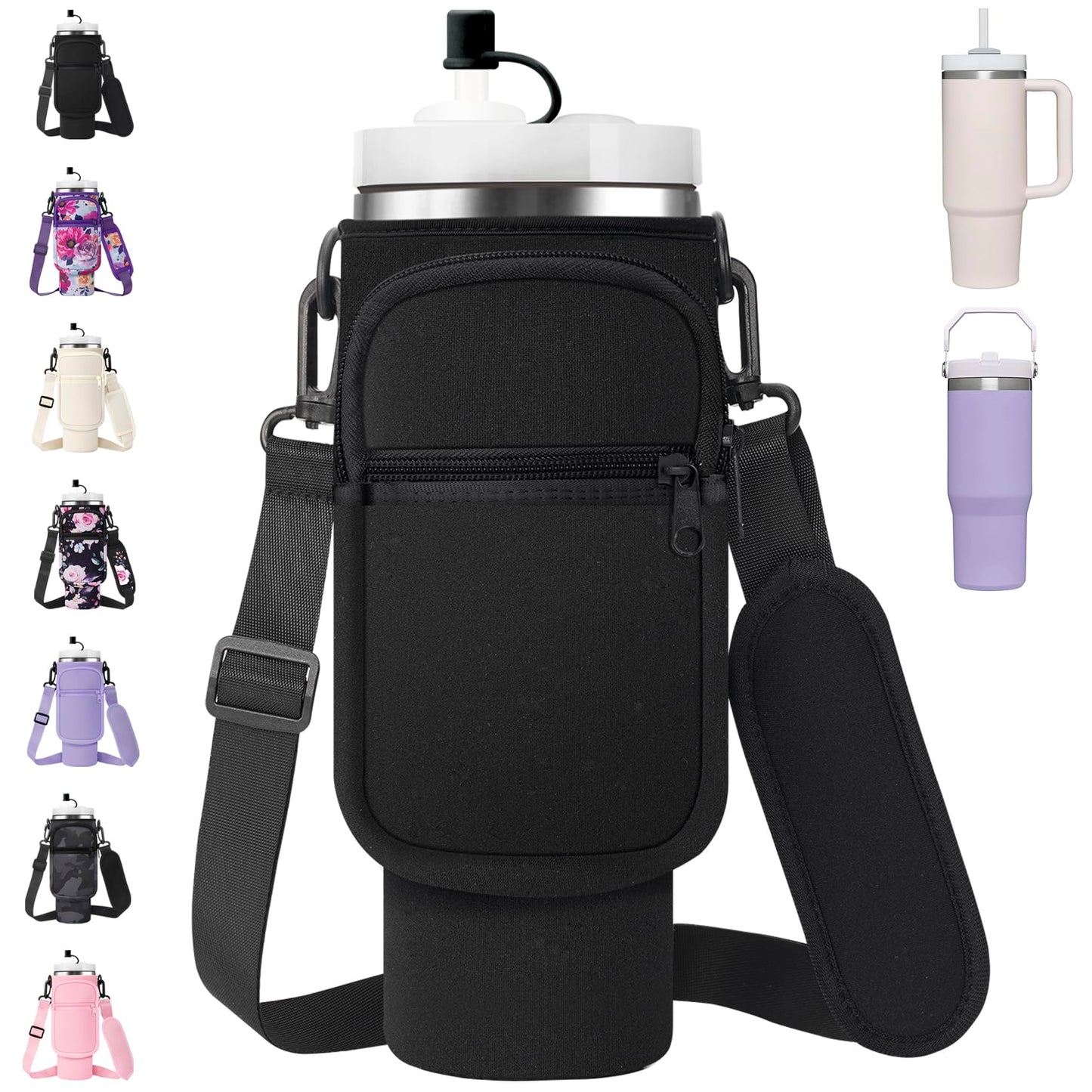 AceTreker Water Bottle Carrier Bag with Strap for Stanley 40/30 oz Tumbler Neoprene Insulated Cup Holder Sleeve with Phone Pocket & Straw Cover for Stanley Cup Accessories