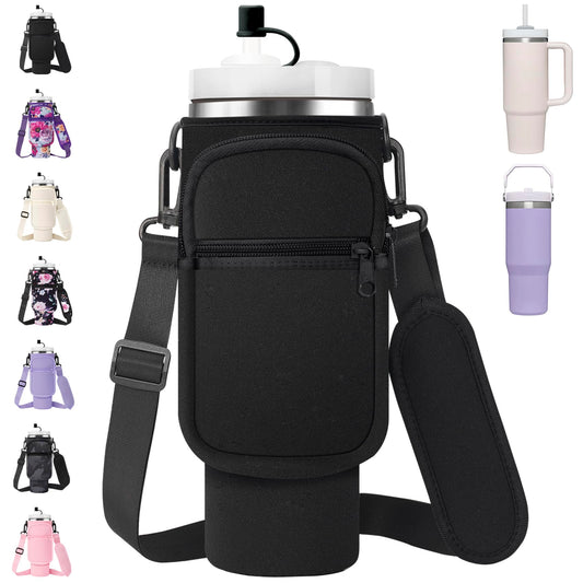AceTreker Water Bottle Carrier Bag with Strap for Stanley 40/30 oz Tumbler Neoprene Insulated Cup Holder Sleeve with Phone Pocket & Straw Cover for Stanley Cup Accessories