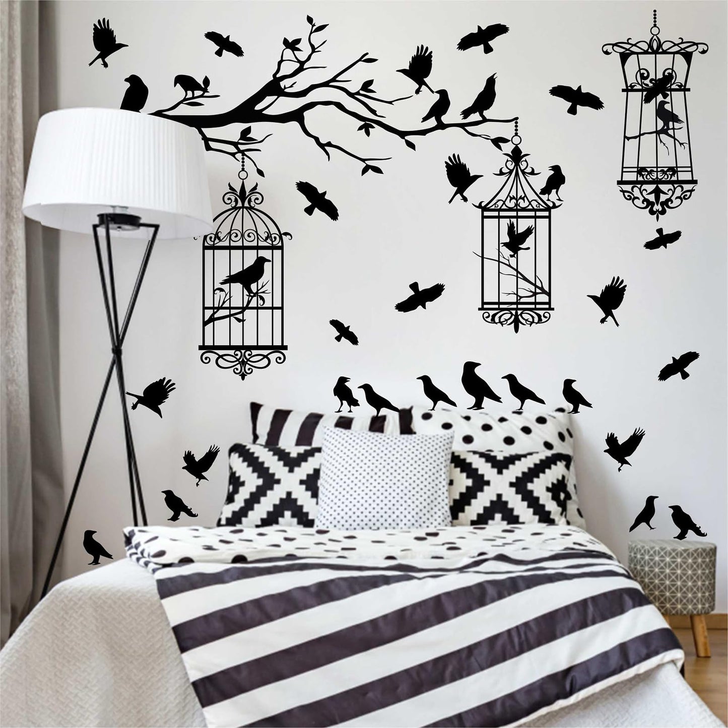 Halloween Tree Branch Wall Decals Crow Black Raven Bird Wall Decals Peel and Stick Birdcage Raven Stickers Removable Black Crows Branches Halloween Wall Stickers for Bedroom Living Room Decor