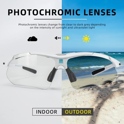 ROCKBROS Photochromic Sports Sunglasses Mens Pickleball Glasses Cycling Glasses MTB Sunglasses, with Removable Elasctic Band，White