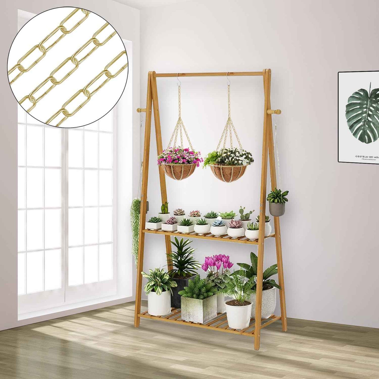 Omytie 15 Ft Heavy Duty Hanging Chain Kit with Connection Locks & Swag Ceiling Hooks for Lighting Fixture, Chandelier, Pendant, Lantern, Swag Lamp, Plant/Flower/Fruit Basket, Bird Feeder (Brass)