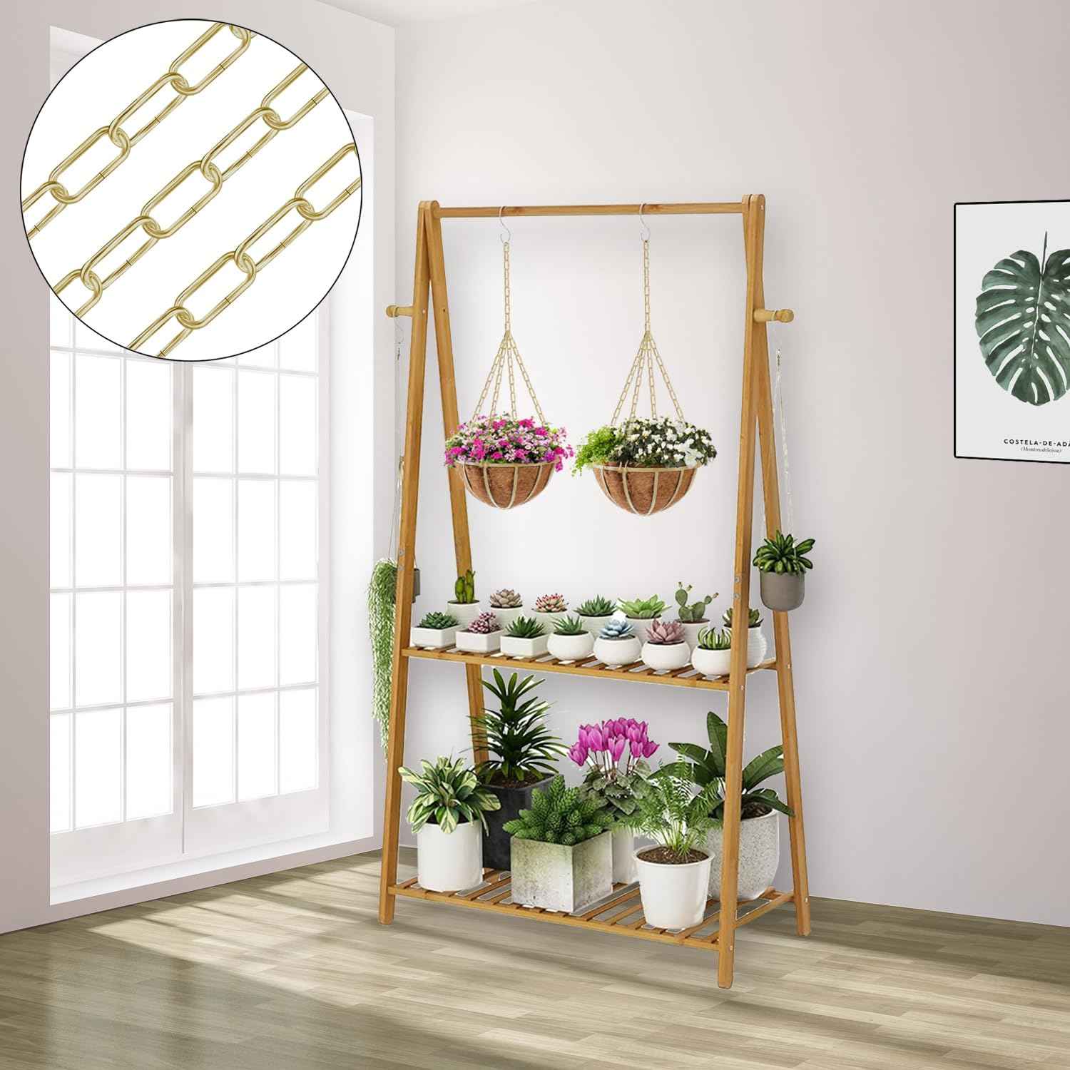 Omytie 15 Ft Heavy Duty Hanging Chain Kit with Connection Locks & Swag Ceiling Hooks for Lighting Fixture, Chandelier, Pendant, Lantern, Swag Lamp, Plant/Flower/Fruit Basket, Bird Feeder (Brass)