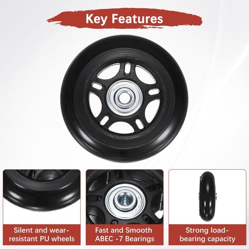 TIXIPEM Luggage Suitcase Replacement Wheels [2pcs] - 75 x 24 mm Rubber Scooter Wheels Repair Kit W/ABEC-7 Bearings and 6mm Axles for Trolley & Carry-on Roller Travel Suitcases - [Black]
