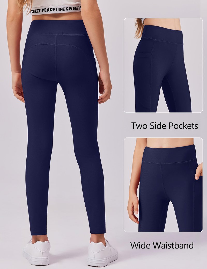 Zaclotre Girls Fleece Lined Leggings Warm Winter Running Tights for Kids High Waist Athletic Yoga Pants with Pockets Navy Blue