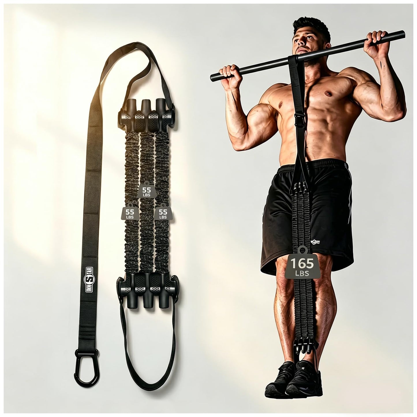 Innstar Pull Up Assistance Bands, Heavy Duty Resistance Band for Pull Up Assist, Adjustable Resistance 165-265lbs with Fabric Feet/Knee Rest, Pull Up Bands Assistance Bands (Upgrade Black 165lbs)