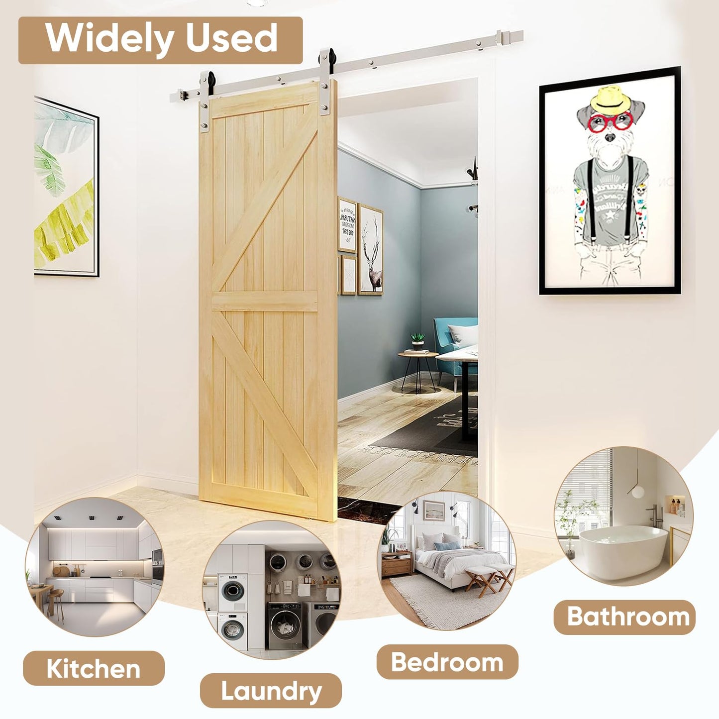 JUBEST 6.6FT Brushed Nickel Sliding Barn Door Hardware Kit Smoothly and Quietly J Shape Hanger Roller Flat Track Kit,Heavy Duty Nickle Barn Door Track,Easy to Install